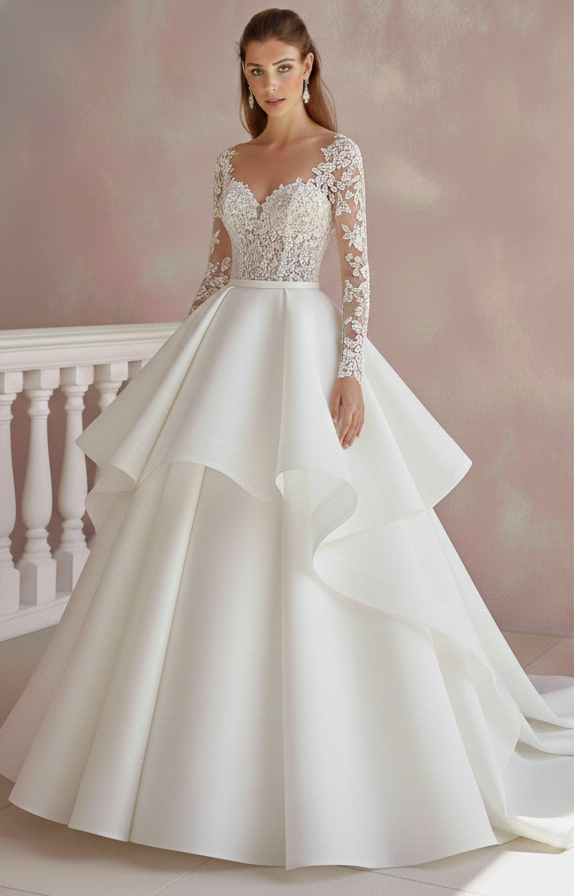 Long Romantic Tulle Wedding Dress Heart Neckline Princess