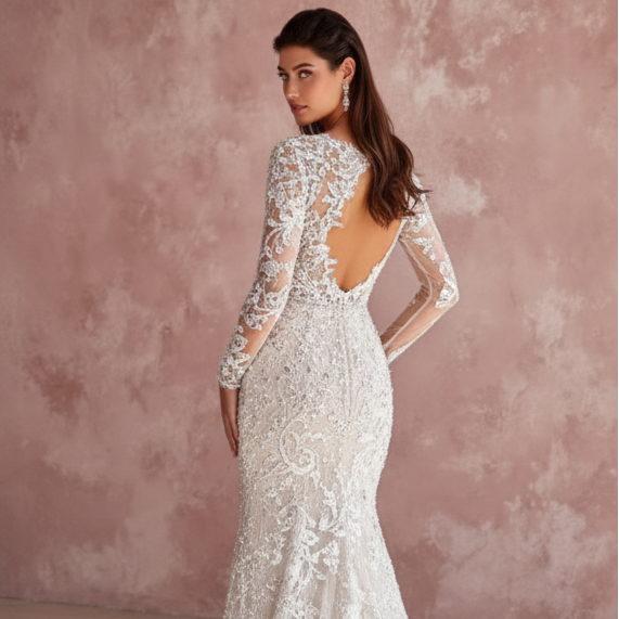 Long Rustic Sleeve Wedding Dress Country Style Lace Trim