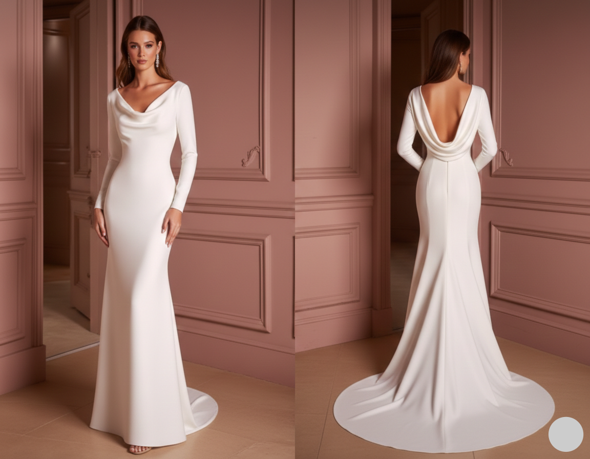 Long Simple Sleeve Wedding Dress Classic Mermaid Fit Gown