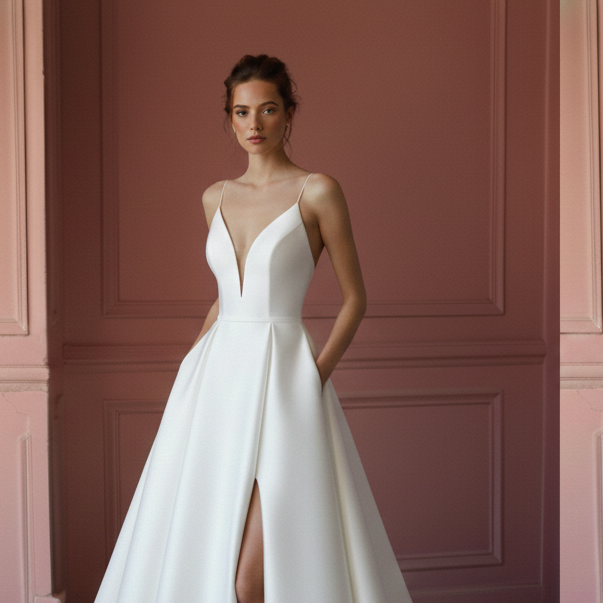 Long Slit Satin Wedding Dress Classic Spaghetti Strap Style