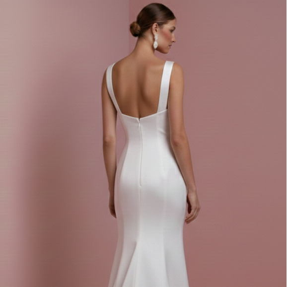 Long Square Neck Wedding Dress Thick Strap Satin Classic