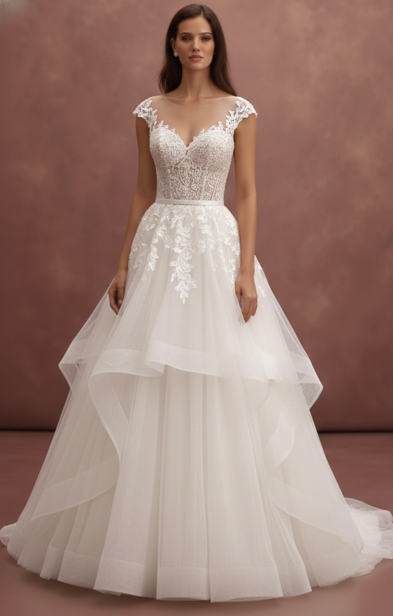 Long Tiered Lace Wedding Dress Country Rustic Style Fashion