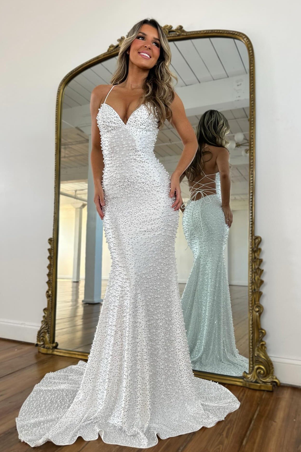 Sparkly Mermaid Spaghetti Straps Black Prom Dress with Pearl Beaded