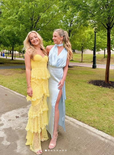 Sexy Yellow Lace Layered Slit Prom Dress Spaghetti Straps Long Party Evening Dress