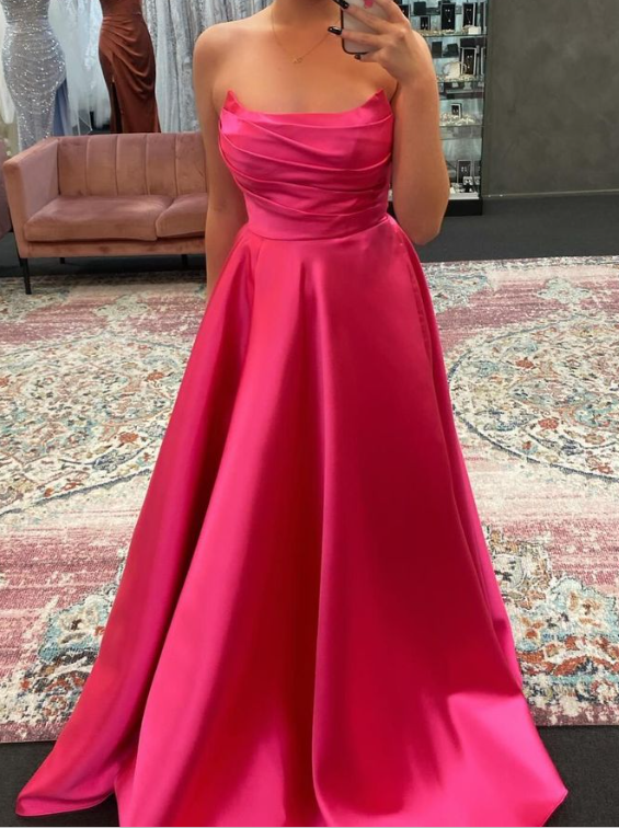 Classy Green Strapless Pleated Party Dress A Line Satin Prom Dress