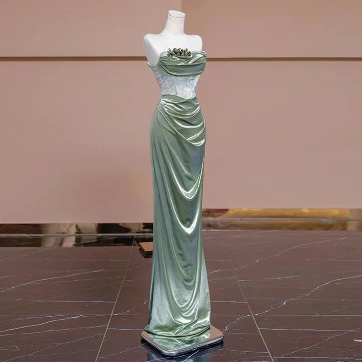 Elegant Light Green Satin Long Prom Dress Strapless Party Evening Dress