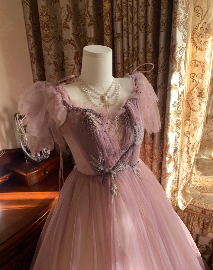 Sweet Tulle Sequin Beaded Ball Gown Pink Long Evening Dress Birthday Party Dress