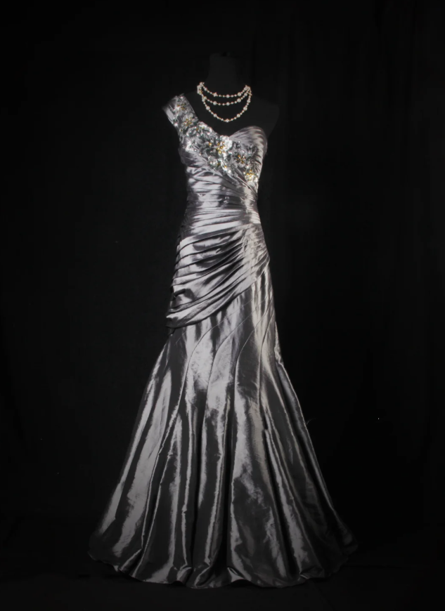 Fashion One Shoulder Satin Pleated Mermaid Long Party Dress Gray Birthday Prom Dress With Sequins