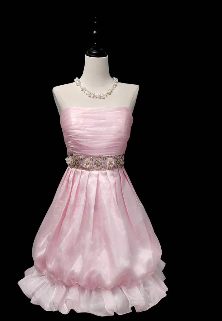 Cute Strapless Tulle Beaded Pink A Line Short Prom Dress Homecoming Dress