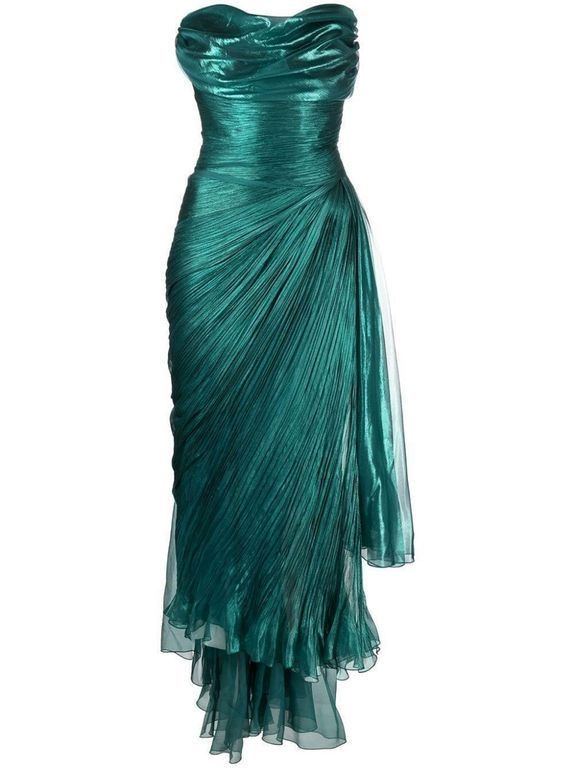 Unique Green Strapless Tulle Ruched Evening Gown Long Party Prom Dress