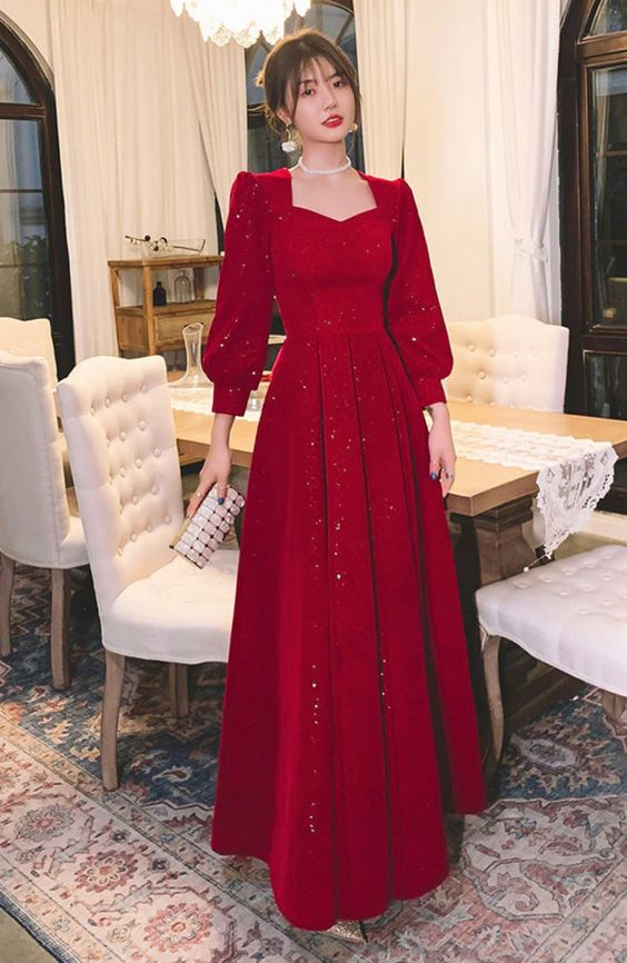Red Glitter Modest Prom Dress Muslim Formal Evening