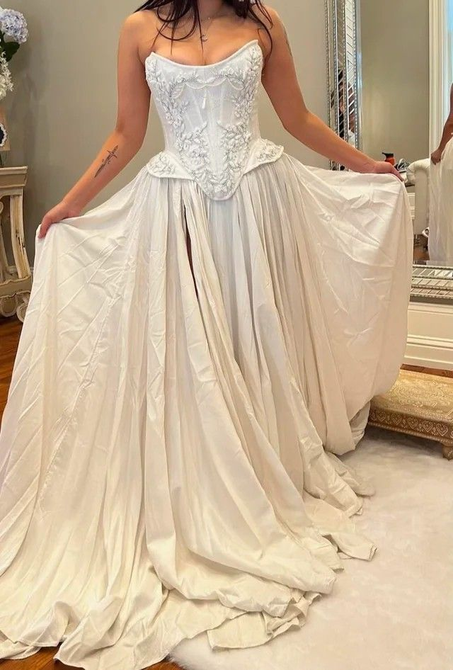 Charming Beaded Satin A Line Slit Prom Dress White Wedding Dress