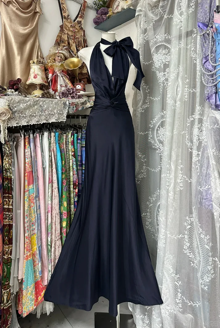 Retro Halter Satin Mermaid Navy Blue Backless Long Evening Dress Formal Birthday Party Dress