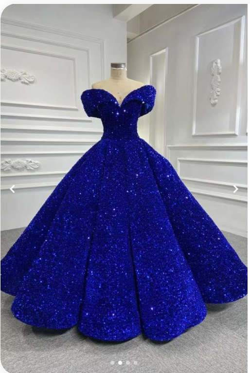 Royal blue sequin prom ball gown sweet 16 dress off the shoulder princess Quince dress