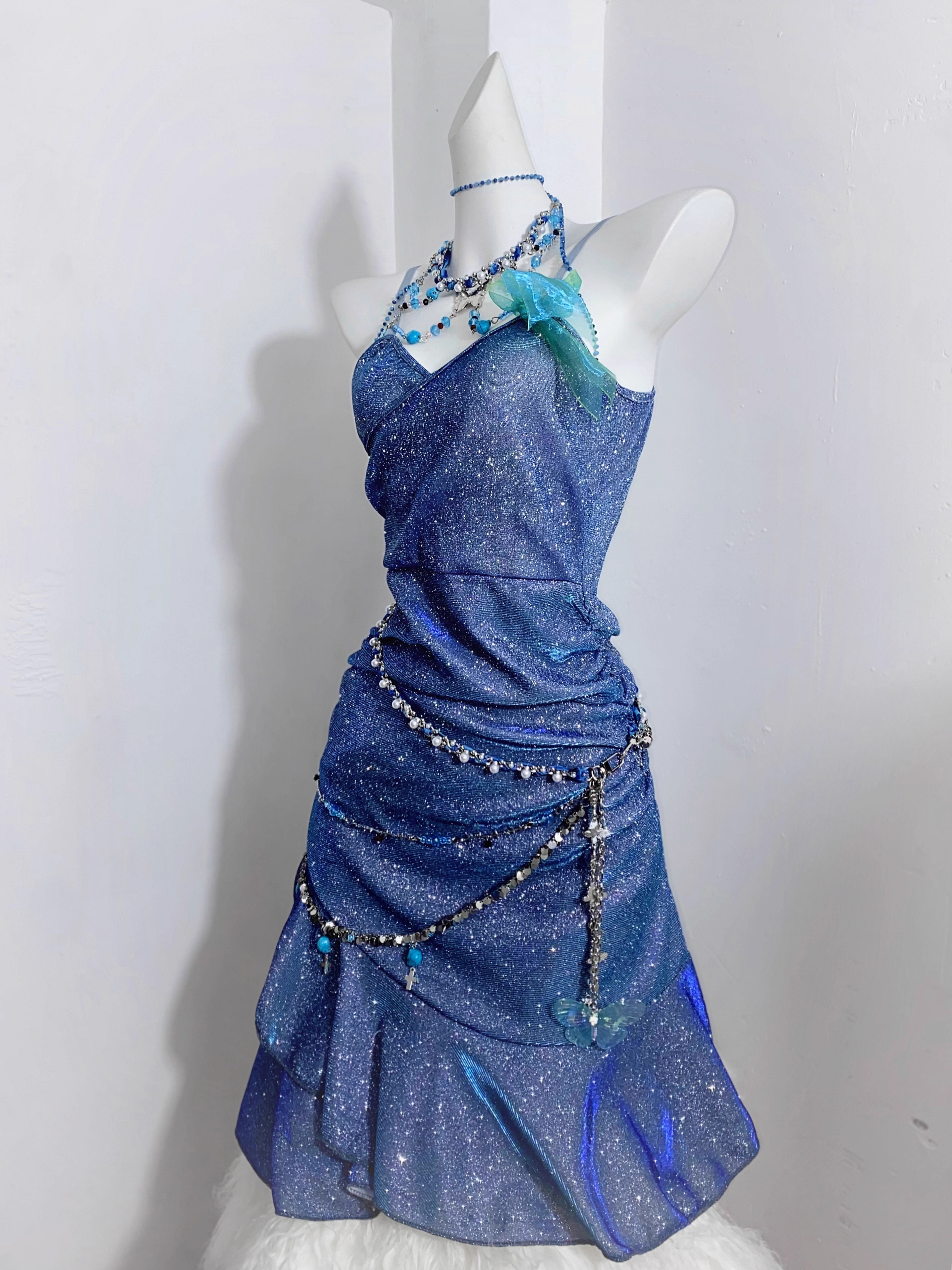 Glitter Blue Spaghetti Straps Short Ruffle Cocktail Dress Formal Homecoming Dress