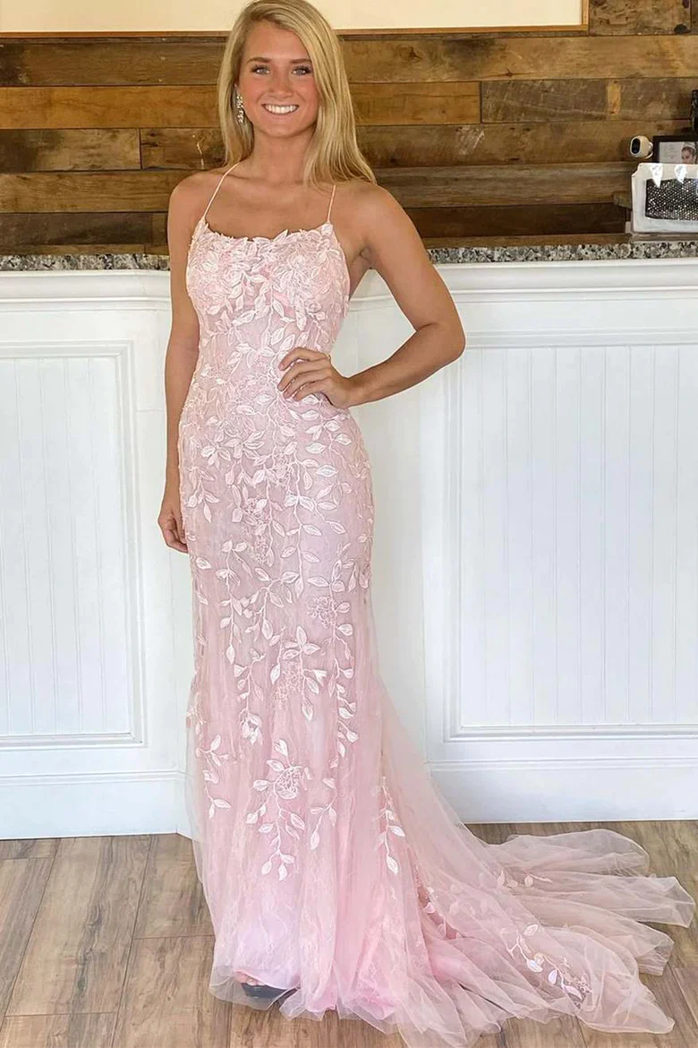 Pink Mermaid Lace Tulle Prom Dress Lace-up Back Evening Dress