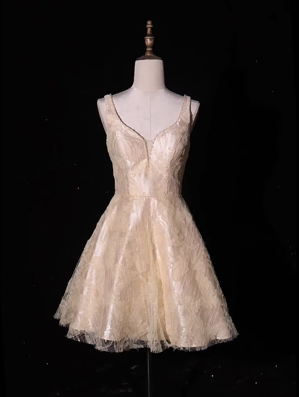 Gorgeous Champagne V Neck Sleeveless Short Party Dress A Line Formal 8th Grade Homecoming Dress