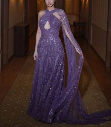Shiny Purple Tulle Sequin Beaded A Line Long Wedding Guest Dress Formal Birthday Party Dress Evening Dress