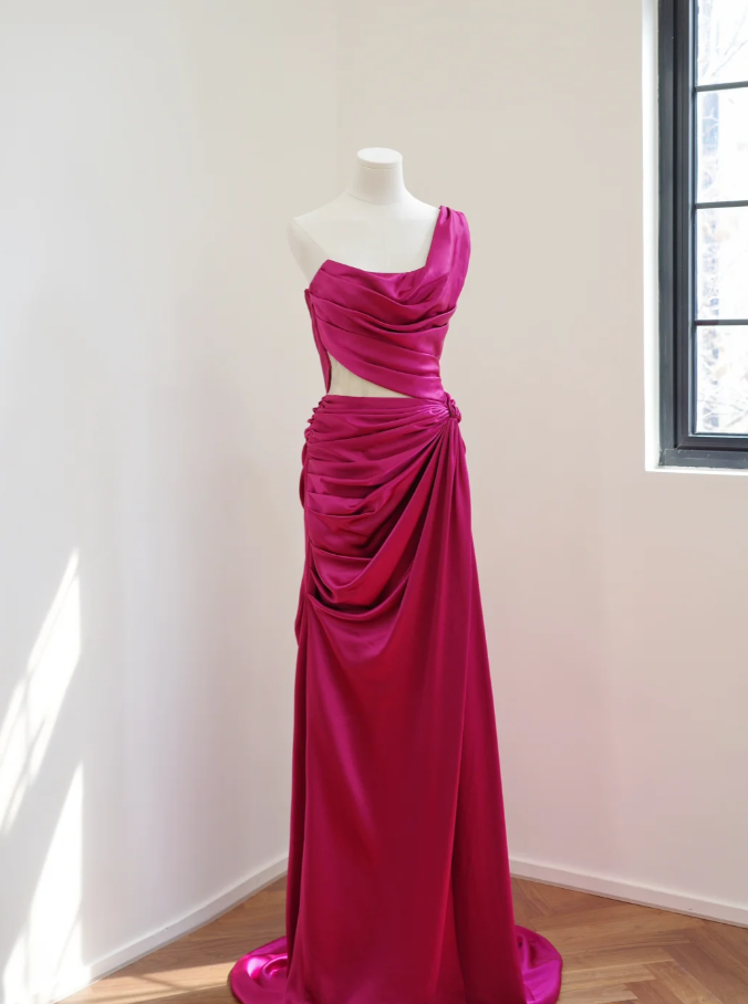 Charming One Shoulder Satin Pleated Mermaid Long Party Dress Hot Pink Wedding Guest Dress