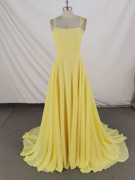 Simple yellow chiffon long prom dress yellow evening dress