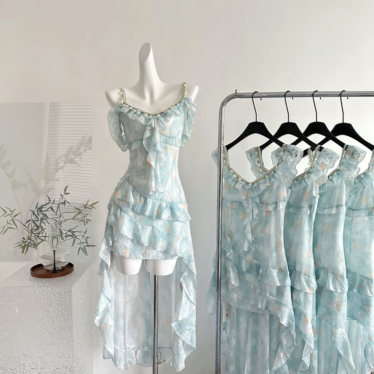 Simple Chiffon Blue Ruffle Party Dress Prom Gown