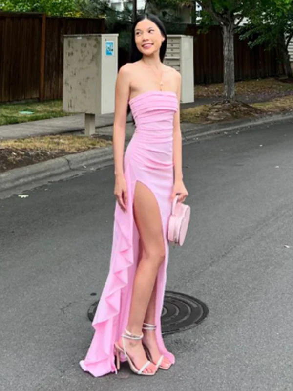 Elegant Pink Strapless Slit Evening Dress Sexy Party Prom Dress With Ruffles