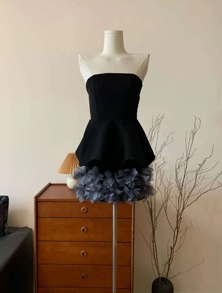 Sexy Strapless Black Satin Tulle Homecoming Dress,Cocktail Dress