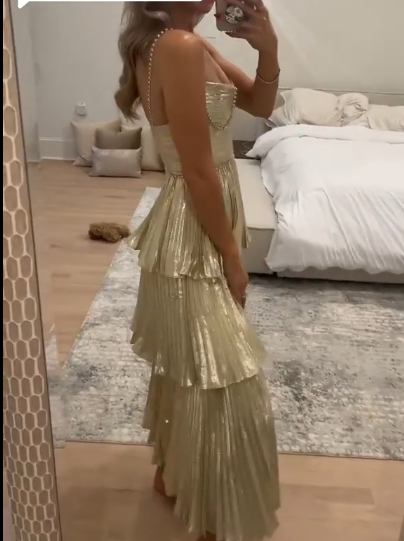 Stylish Gold Spaghetti Straps Satin Pleated Layered Long Wedding Guest Dress Evening Dress