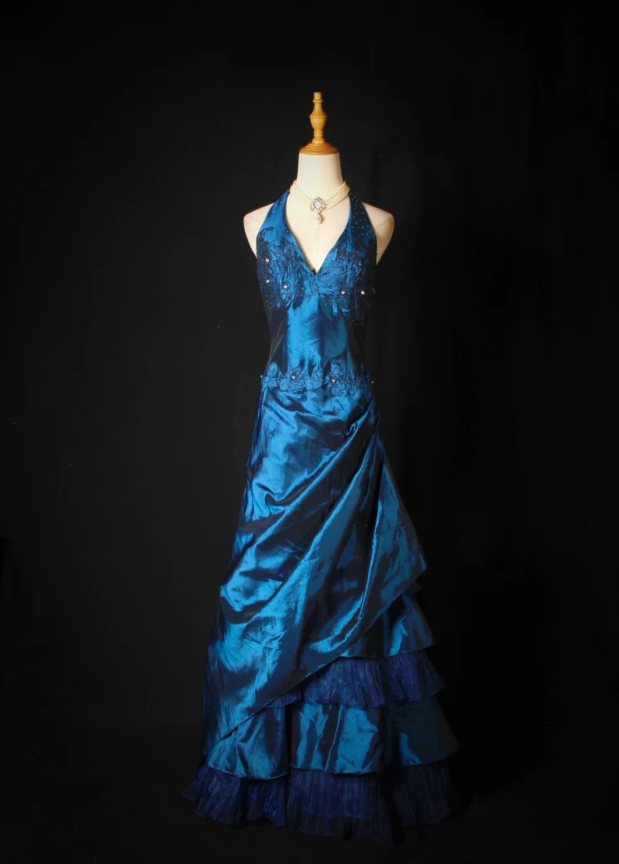 Elegant Blue Halter Embroidered Beaded Satin Pleated Mermaid Party Dress Long Birthday Evening Dress