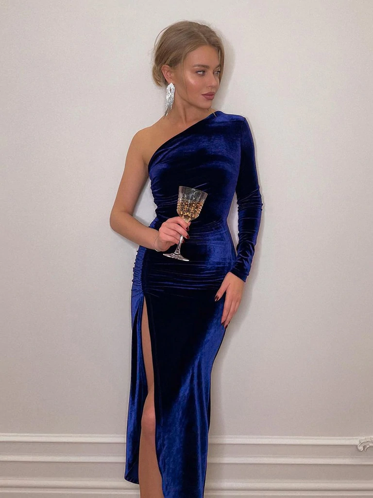 Royal Blue Velvet Side Slit Bodycon Prom Dress One Sleeve Prom Dress