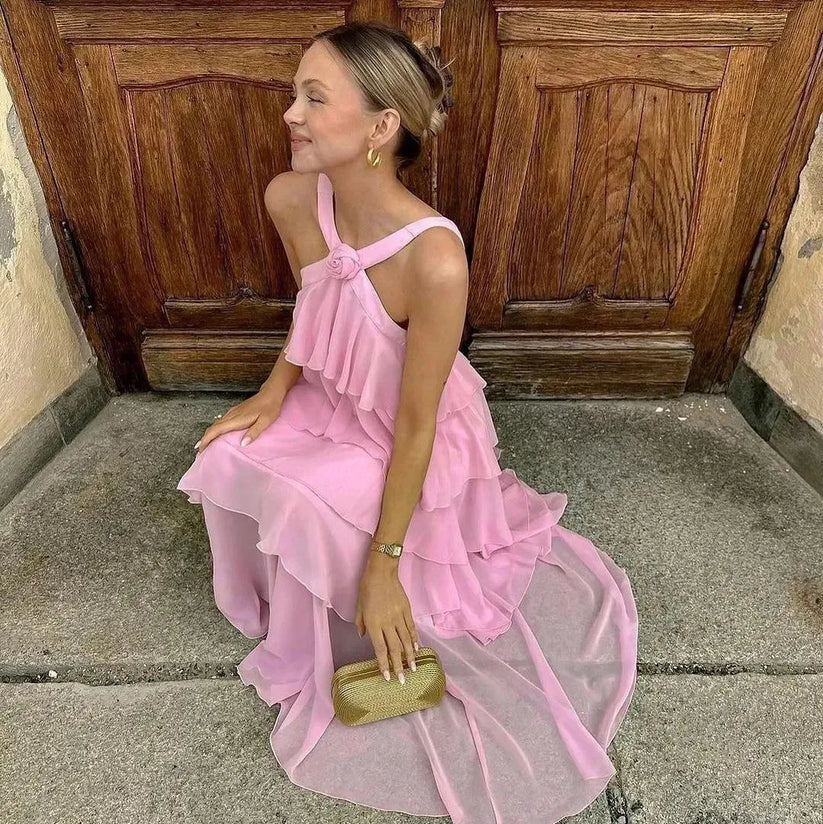 Women's Pink A-line Tiered Prom Dress,Pink Backless Evening Dress