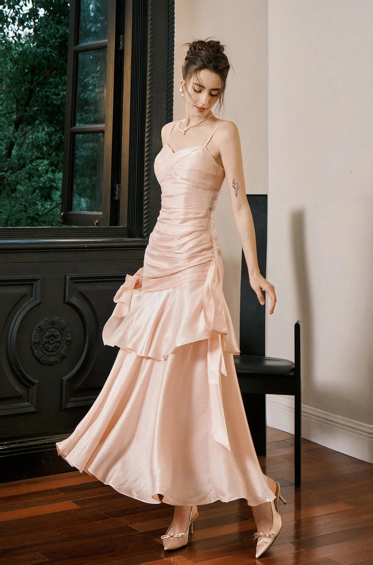Elegant Pink Mermaid Evening Dress,Spaghetti Straps Satin Tiered Prom Dress
