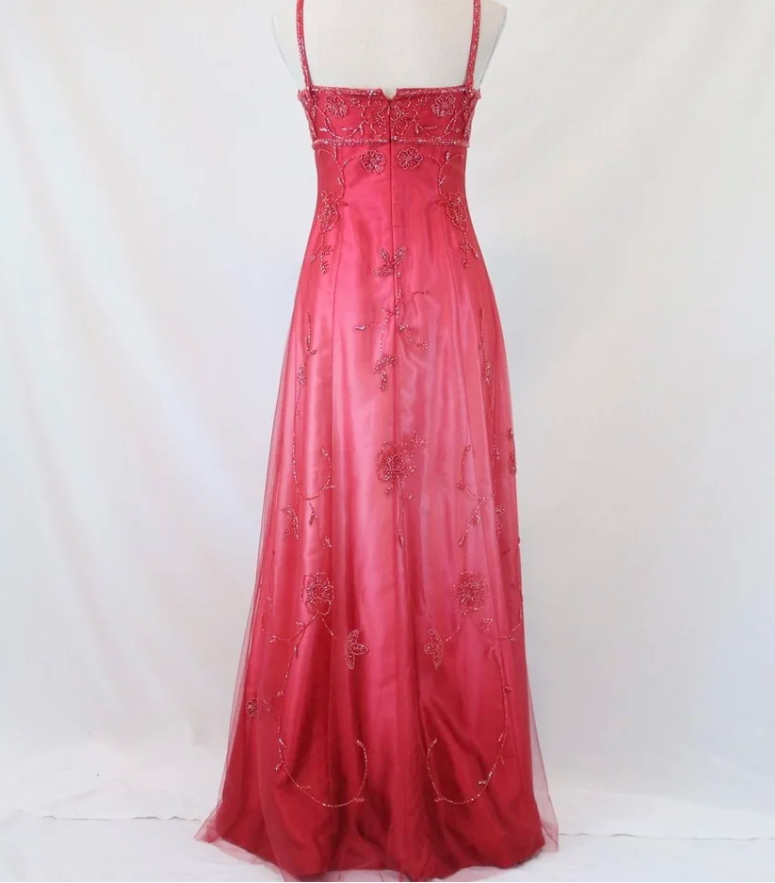 Elegant Spaghetti Straps Ombre Pink Satin Beaded Long Party Dress Formal Evening Dress