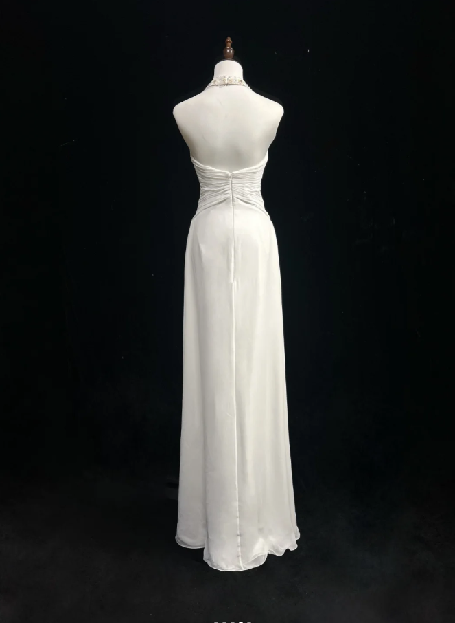 Charming White Halter Chiffon Beaded Long Wedding Guest Dress Formal Birthday Prom Dress Evening Dress