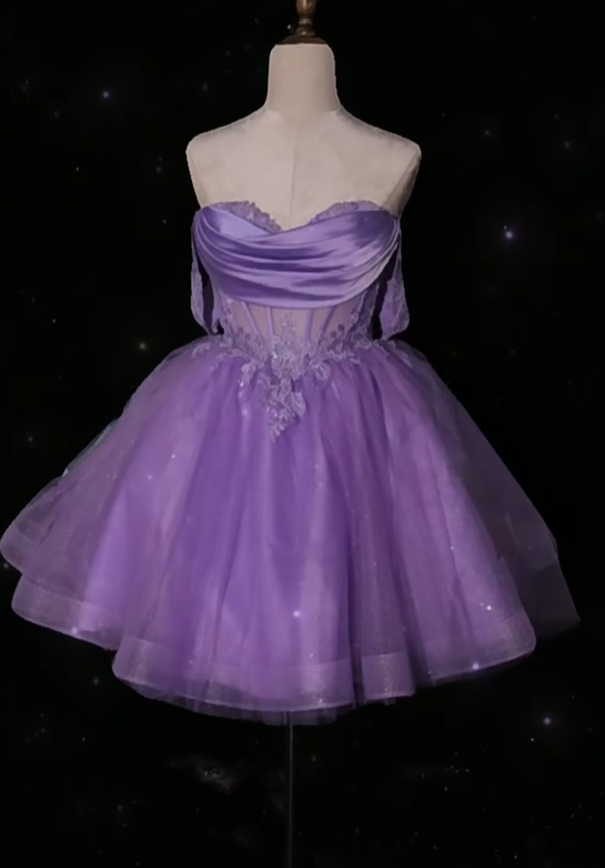 Elegant Lavender Sweetheart Neck Tulle Appliques A Line Birthday Outfits Formal Homecoming Dress
