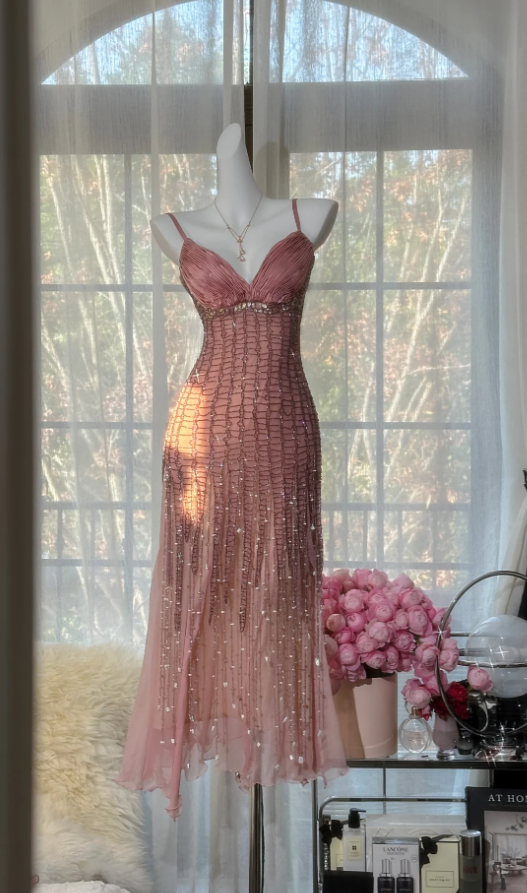 Pretty Spaghetti Straps Pink Chiffon Beaded Mermaid Long Wedding Guest Dress Pink Birthday Prom Dress Party Dress