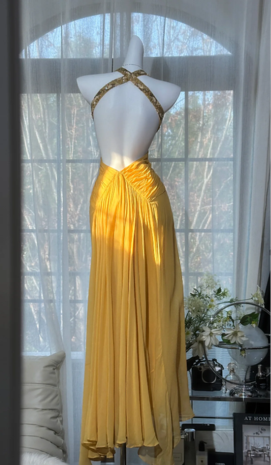 Classy Yellow V Neck Chiffon Beaded Mermaid Prom Dress Backless Long Birthday Party Dress