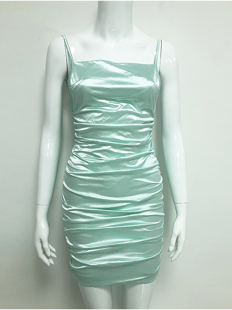 Summer Ruched Dress Women Square Neck Backless Robe Criss-cross Straps Sexy Dress Mint Elastic Slim Fit Bodycon Dresses Sexy Homecoming Dress