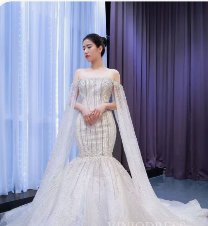 Cape Sleeve Heavy Beaded Wedding Dresses Off the Shoulder Mermaid Prom Dress
