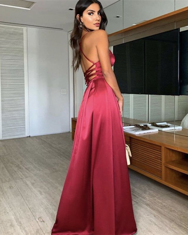 A-line Lace Up Back Satin Floor Length Prom Dress