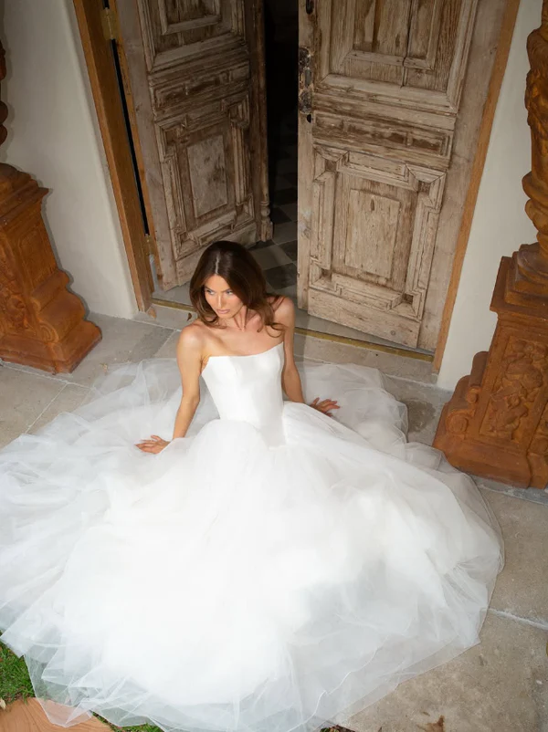 Charming Strapless Satin Tulle A Line Wedding Dress,White Prom Evening Dress