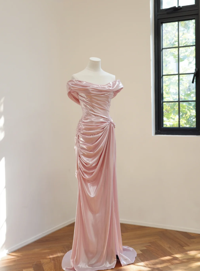 Fairy Pink Off The Shoulder Satin Pleated Slit Mermaid Party Dress Long Wedding Guest Dress