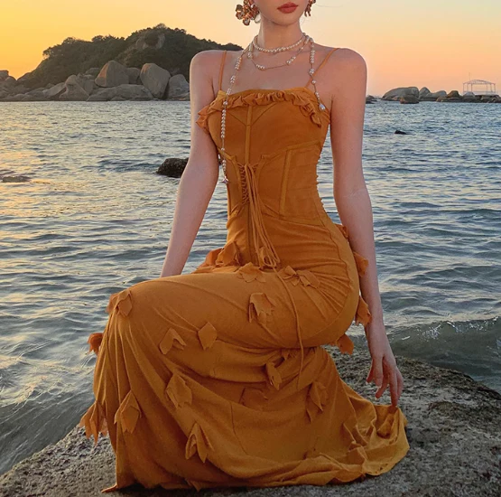 Unique Orange Mermaid Evening Gown Spaghetti Strap 3D Flower Long Prom Dress