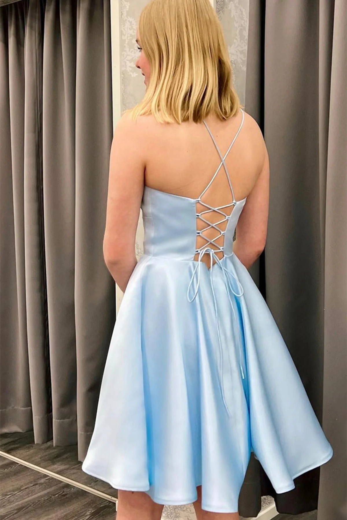 Spaghetti Straps Short Light Blue Satin Homecoming Dresses, Light Blue Formal Graduation Evening Dresses
