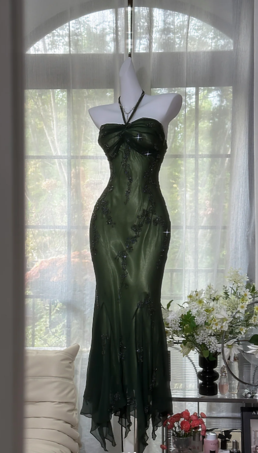 Vintage Green Halter Satin Chiffon Beaded Mermaid Evening Dress Long Party Dress