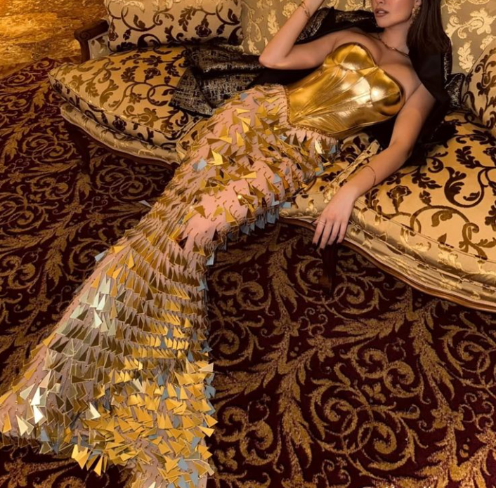 Luxurious Gold Satin Sequins Evening Dress,Strapless Mermaid Prom Dress