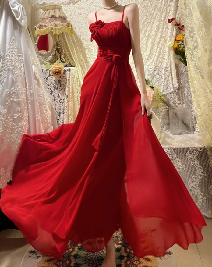 Charming Spaghetti Straps Red Chiffon A Line Long Wedding Guest Dress Evening Dress Dress