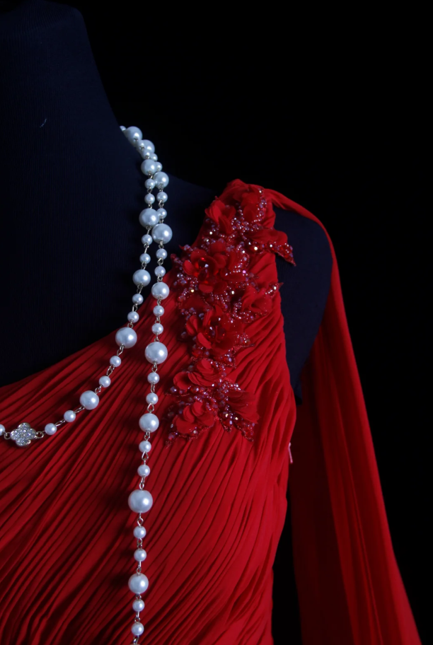 Classy Red One Chiffon Pleated Beaded Mermaid Long Evening Dress Formal Wedding Guest Dress