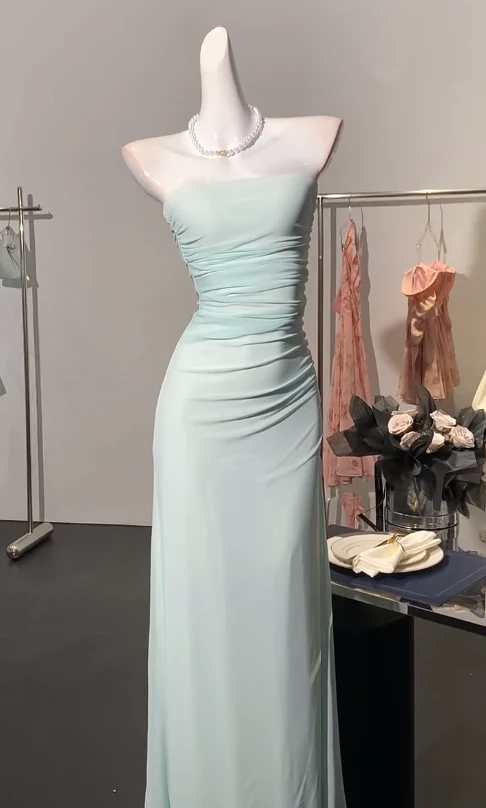 Classy Light Blue Strapless Chiffon Sheath Long Wedding Guest Dress Formal Evening Dress Birthday Prom Gown