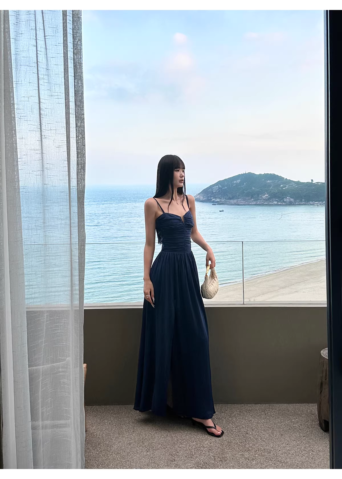 Elegant Spaghetti Straps Satin A Line Slit Evening Dress Navy Blue Long Birthday Party Dress With Pockets